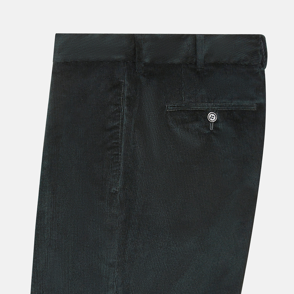 Turnbull & Asser Dark Green Corduroy Edward Trousers feature a button and zip closure, front pleats, and straight legs for gentlemen, shown on a plain white background.