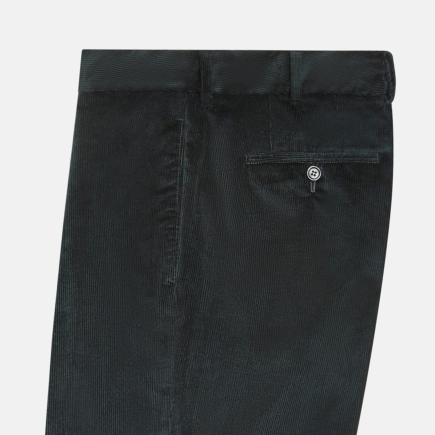 View 4 of product Turnbull & Asser Dark Green Corduroy Edward Trousers feature a button and zip closure, front pleats, and straight legs for gentlemen, shown on a plain white background.