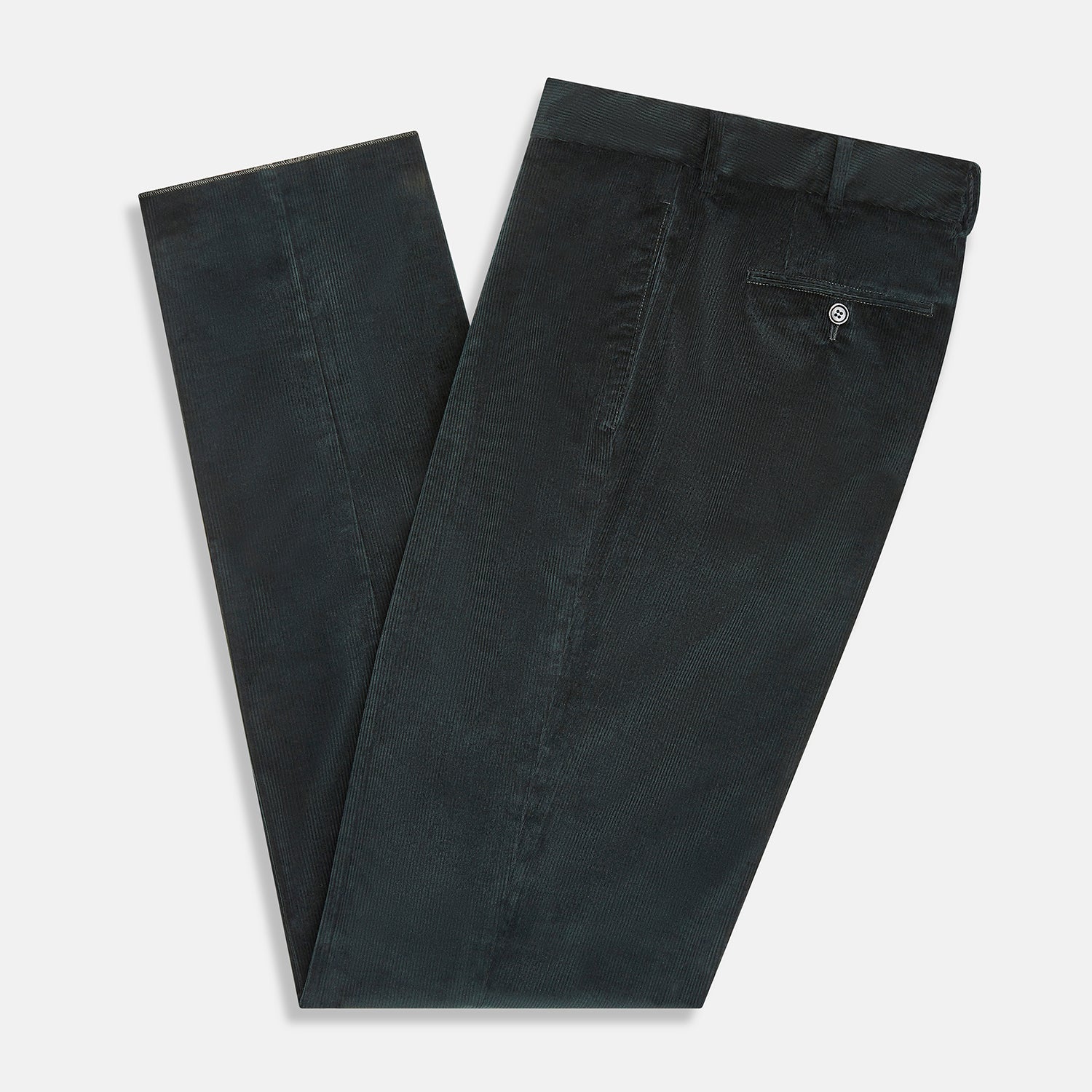 View 5 of product Turnbull & Asser Dark Green Corduroy Edward Trousers feature a button and zip closure, front pleats, and straight legs for gentlemen, shown on a plain white background.