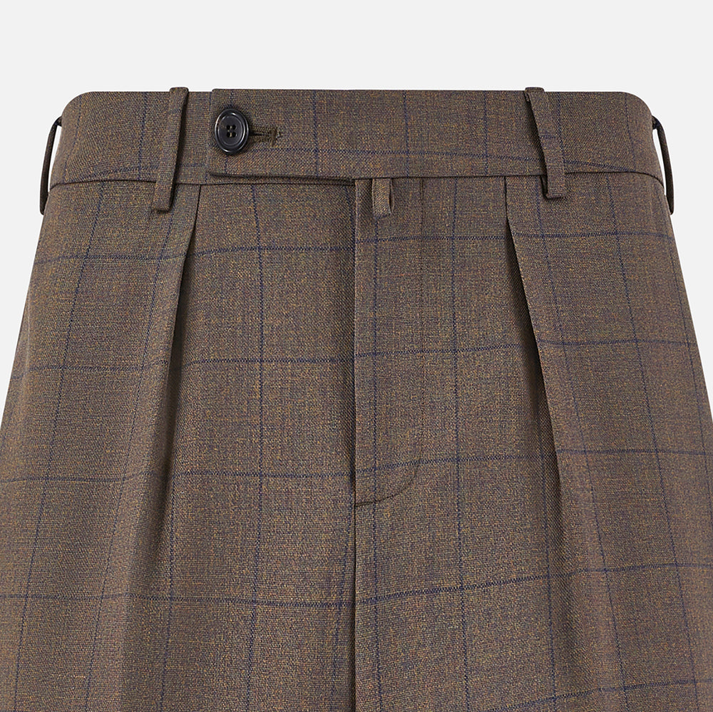 The Turnbull & Asser Brown Check Edward Trousers feature a subtle plaid pattern, pleated front, belt loops, side pockets, and button closure. Crafted from Italian wool for classic style and modern comfort. Shown on a plain white background.