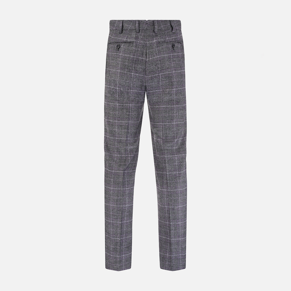 Turnbull & Asser's Grey Check Edward Trousers feature a tailored fit, front pleats, waistband with belt loops, and button closure—crafted from a wool-cotton blend. Ideal for semi-formal wear. Shown on a plain white background.