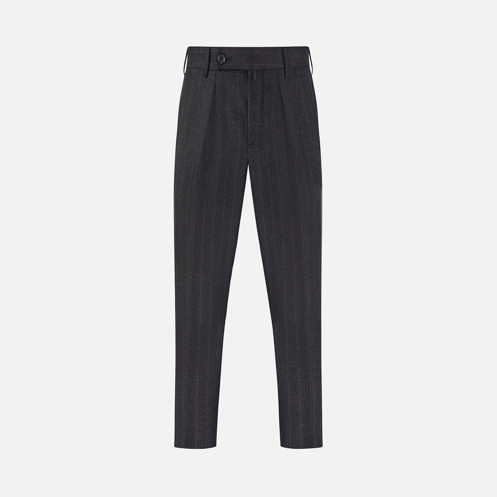 Turnbull & Asser’s Charcoal Pinstripe Edward Trousers, crafted in a wool-cotton blend with subtle vertical pinstripes, feature belt loops, a button closure, and tailored fit, all shown against a plain white background.