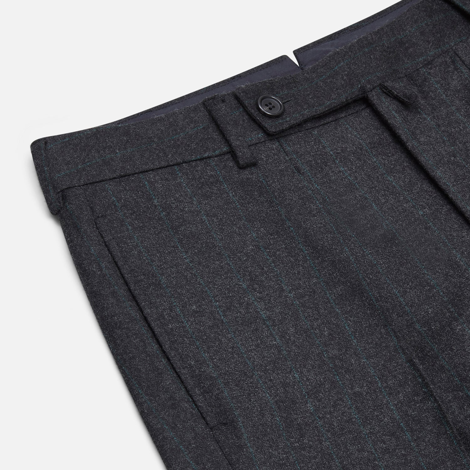View 2 of product Turnbull & Asser’s Dark Grey Pinstripe Edward Trousers in a wool-cotton blend feature a subtle vertical stripe, front crease, straight cut, and classic waistband with belt loops, button, and zipper closure—perfect for semi-formal wear.