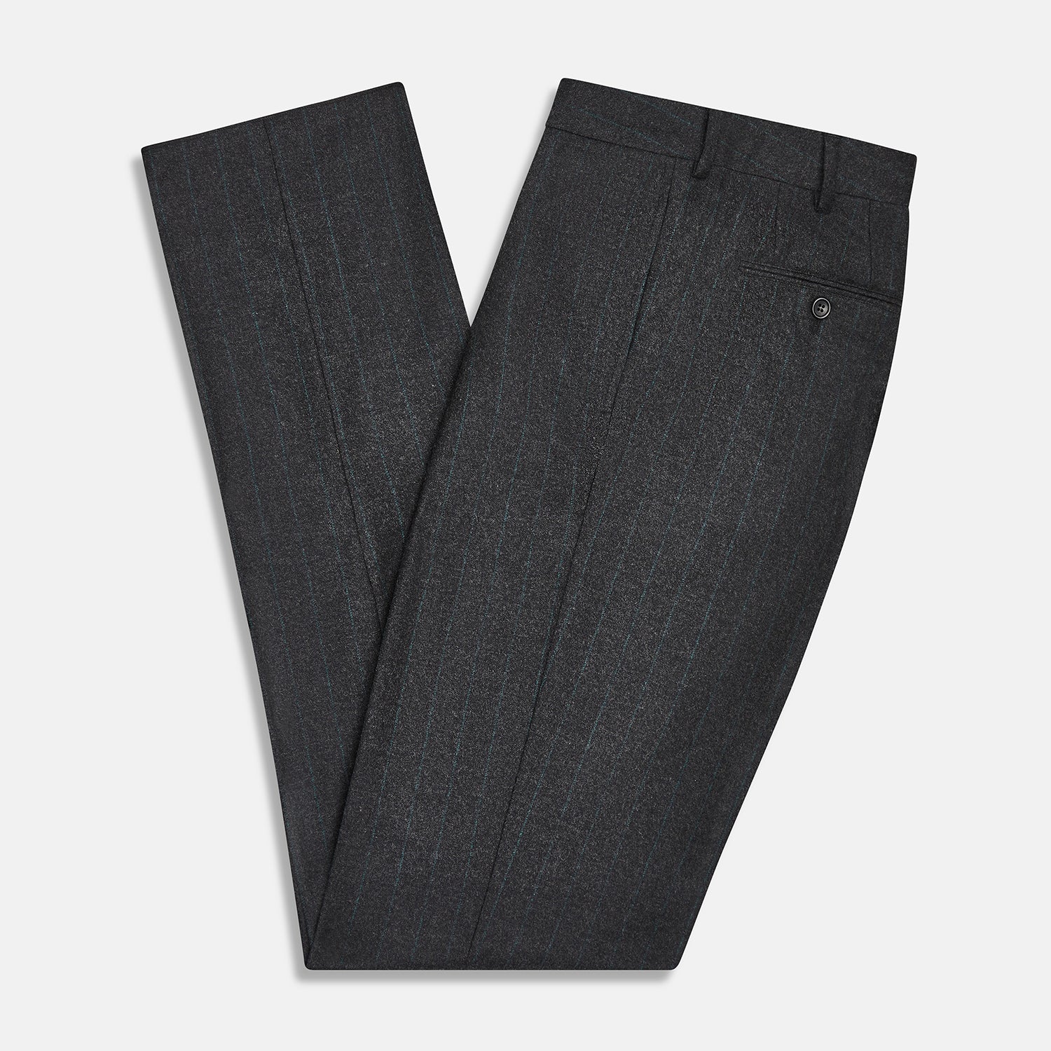 View 5 of product Turnbull & Asser’s Dark Grey Pinstripe Edward Trousers in a wool-cotton blend feature a subtle vertical stripe, front crease, straight cut, and classic waistband with belt loops, button, and zipper closure—perfect for semi-formal wear.