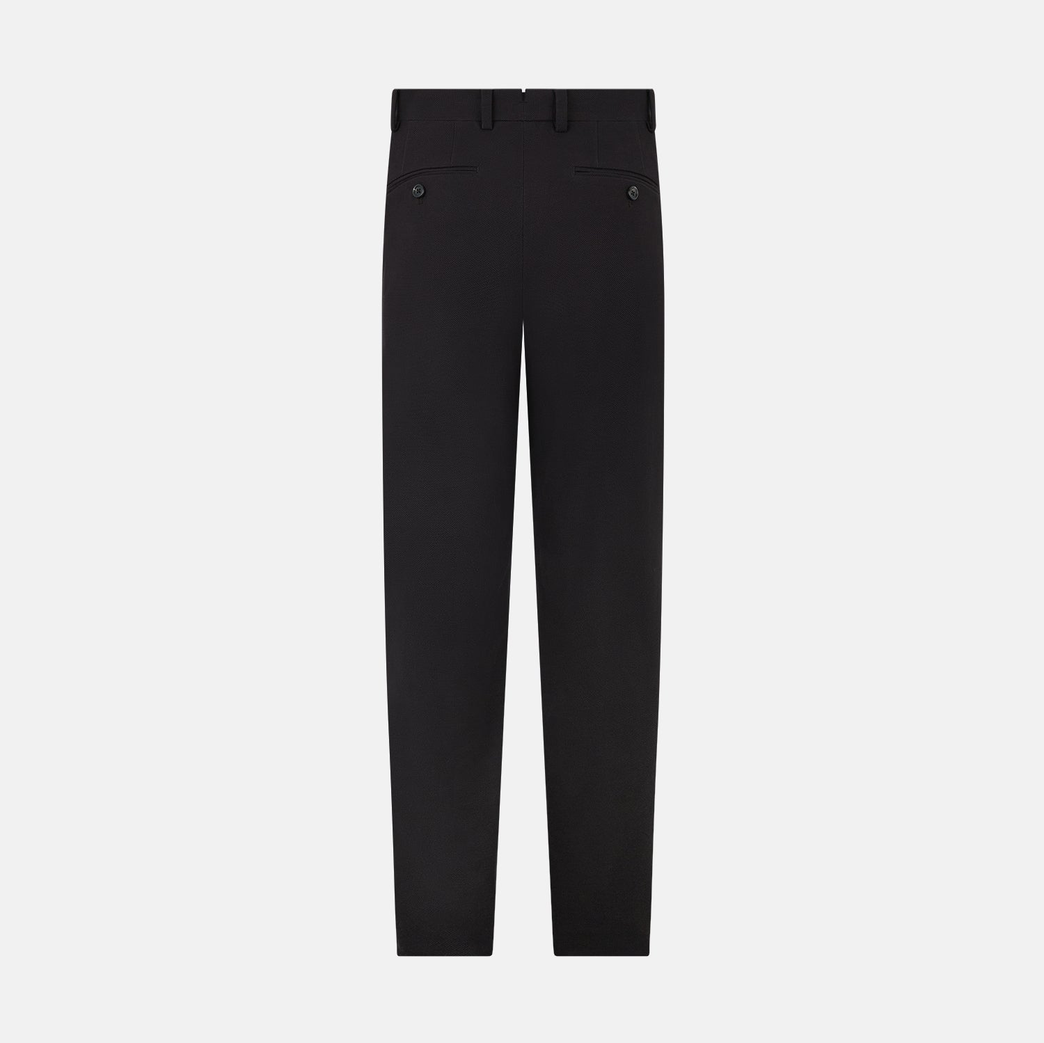 View 3 of product The Turnbull & Asser UK Dark Chocolate William Trousers are straight-leg dress pants with subtle pleats, belt loops, and a waistband, showcased against a plain white background.