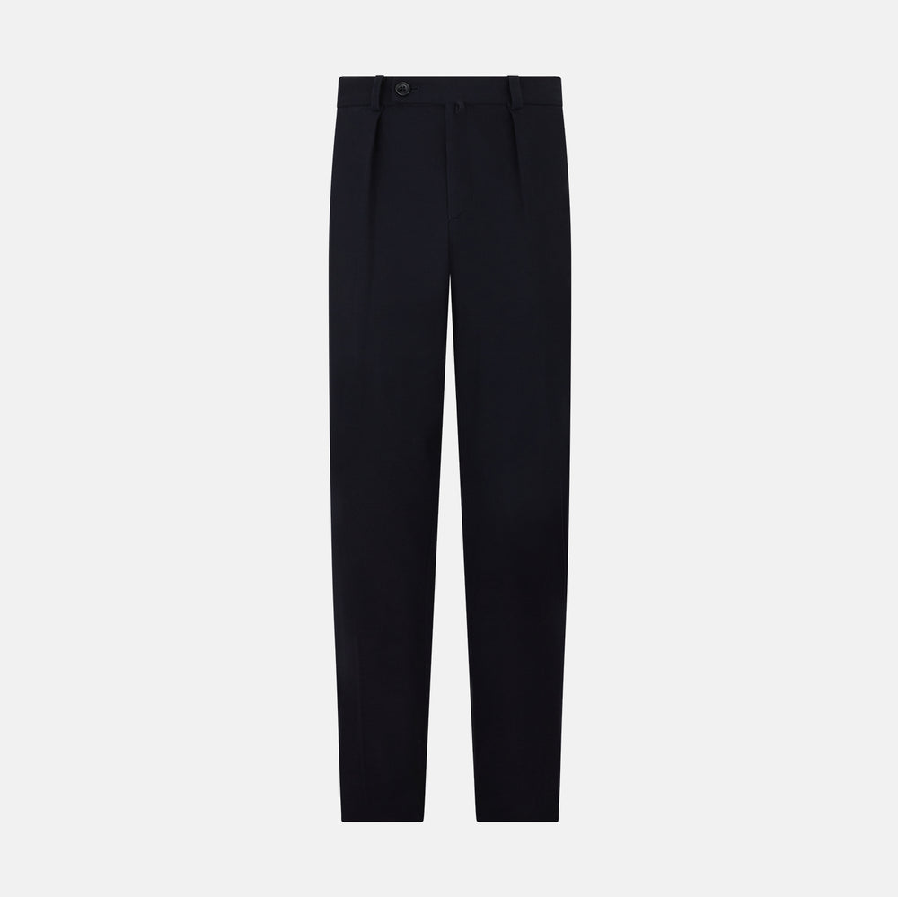 Turnbull & Asser Navy Knitted London Trousers feature a high waist, pleated tailoring, and a straight leg fit, displayed against a plain white background.
