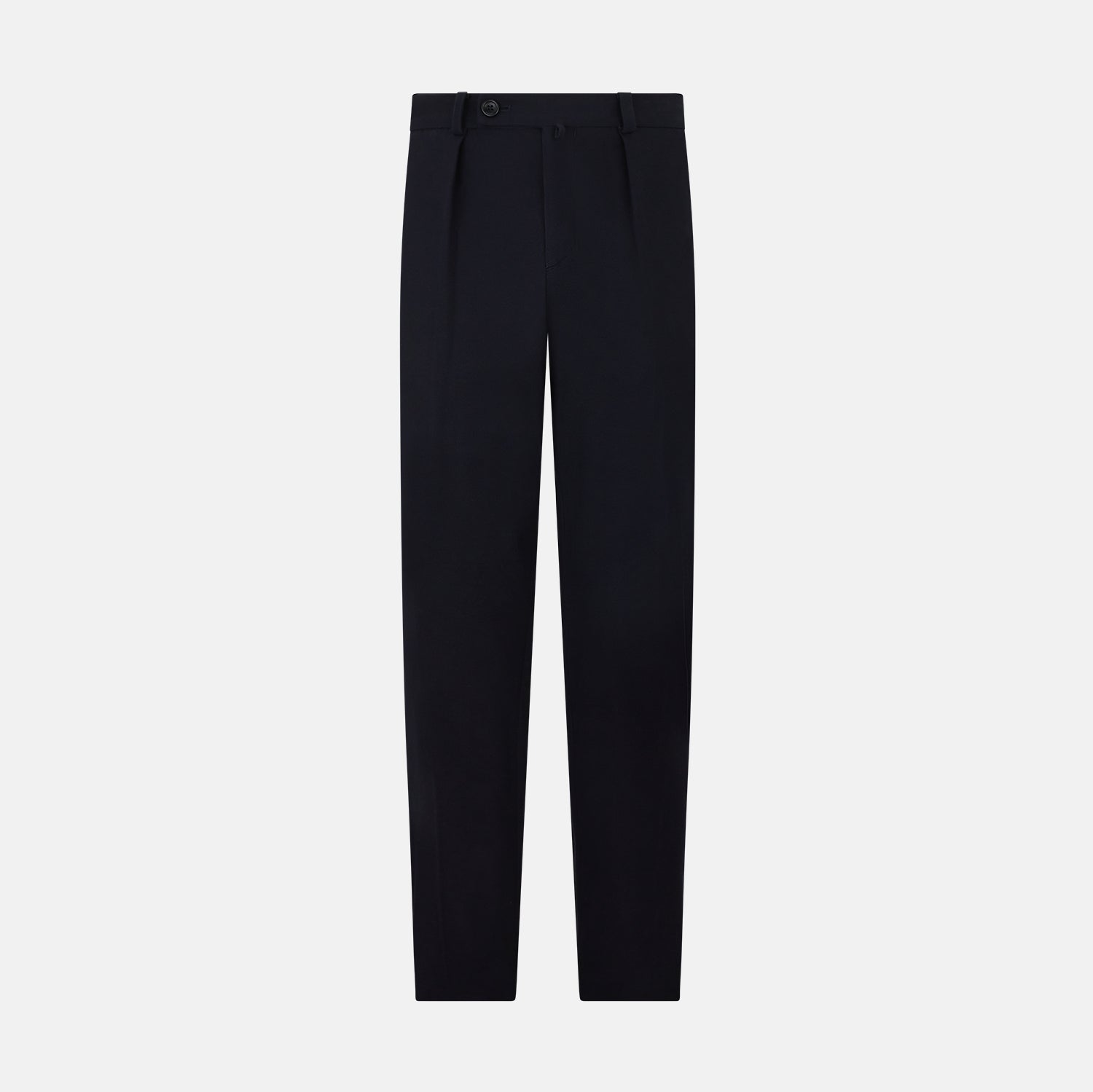View 1 of product Turnbull & Asser Navy Knitted London Trousers feature a high waist, pleated tailoring, and a straight leg fit, displayed against a plain white background.