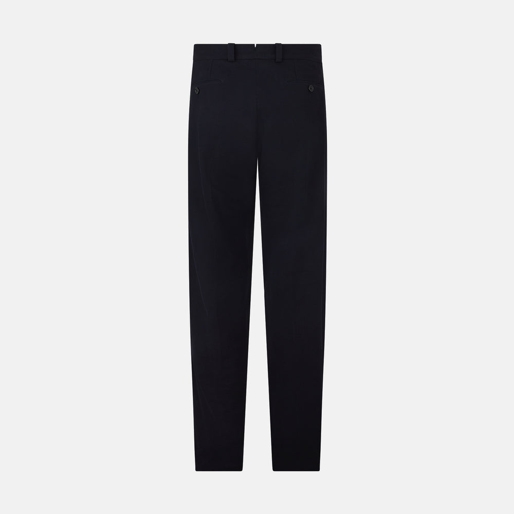 Turnbull & Asser Navy Knitted London Trousers feature a high waist, pleated tailoring, and a straight leg fit, displayed against a plain white background.