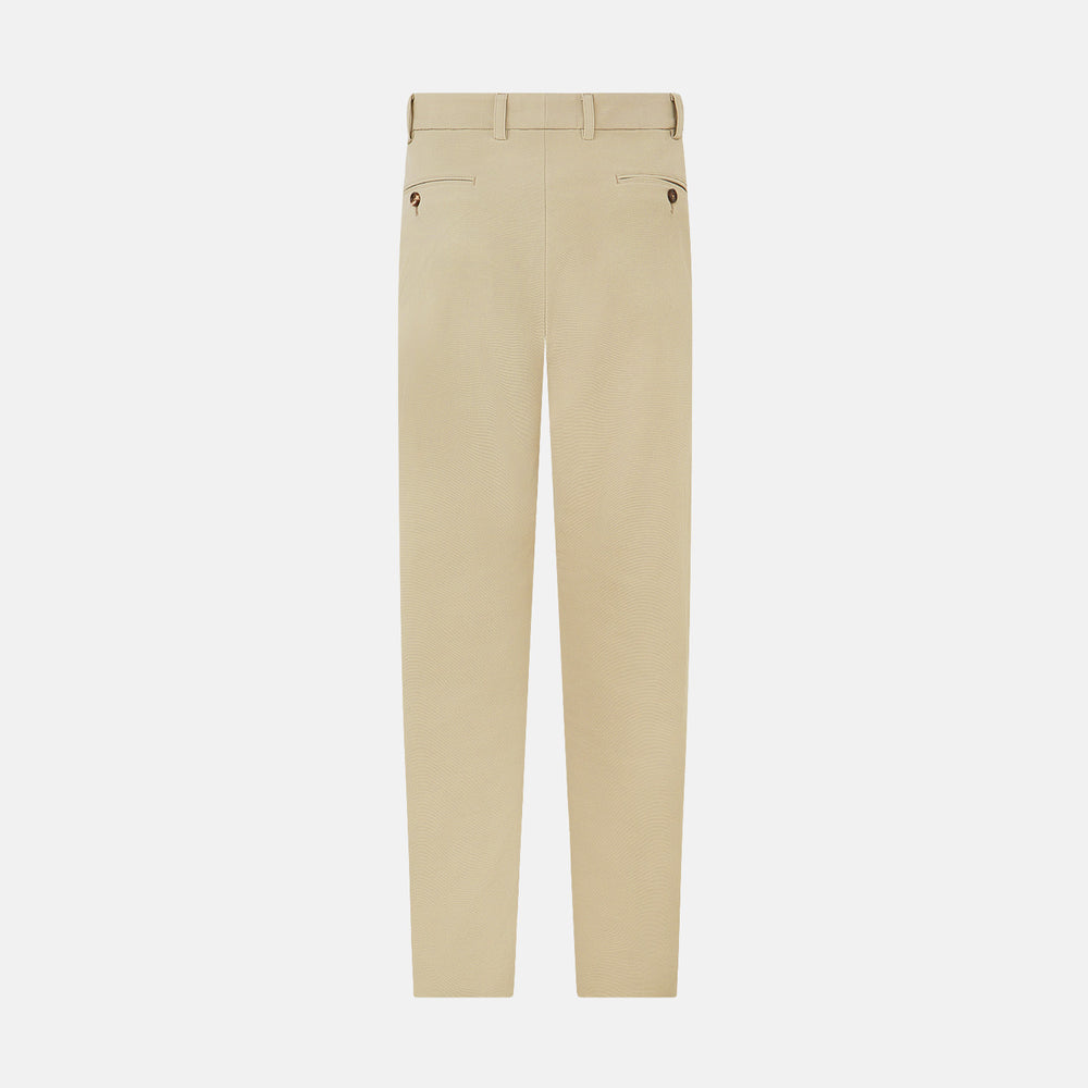 Amberley Sand Trousers in Cotton by Turnbull & Asser UK, featuring a straight-leg silhouette in beige cotton canvas with a button and zip closure, displayed against a plain white background.