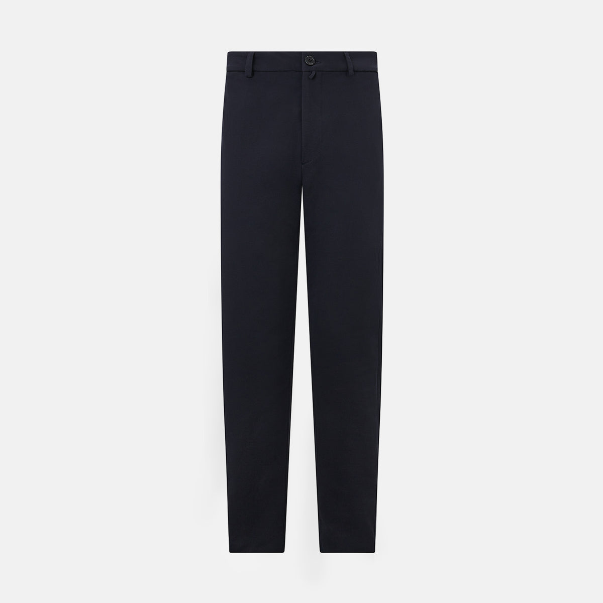 View 1 of product A pair of navy, straight-leg Amberley trousers in cotton by Turnbull & Asser UK, featuring belt loops, a button closure, and a zip fly in the classic Windsor style, displayed on a plain white background.