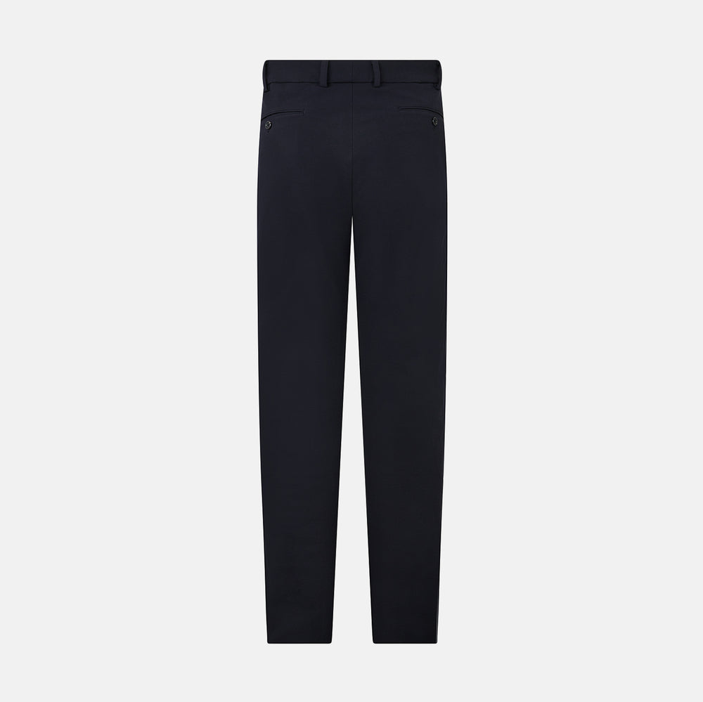 A pair of navy, straight-leg Amberley trousers in cotton by Turnbull & Asser UK, featuring belt loops, a button closure, and a zip fly in the classic Windsor style, displayed on a plain white background.