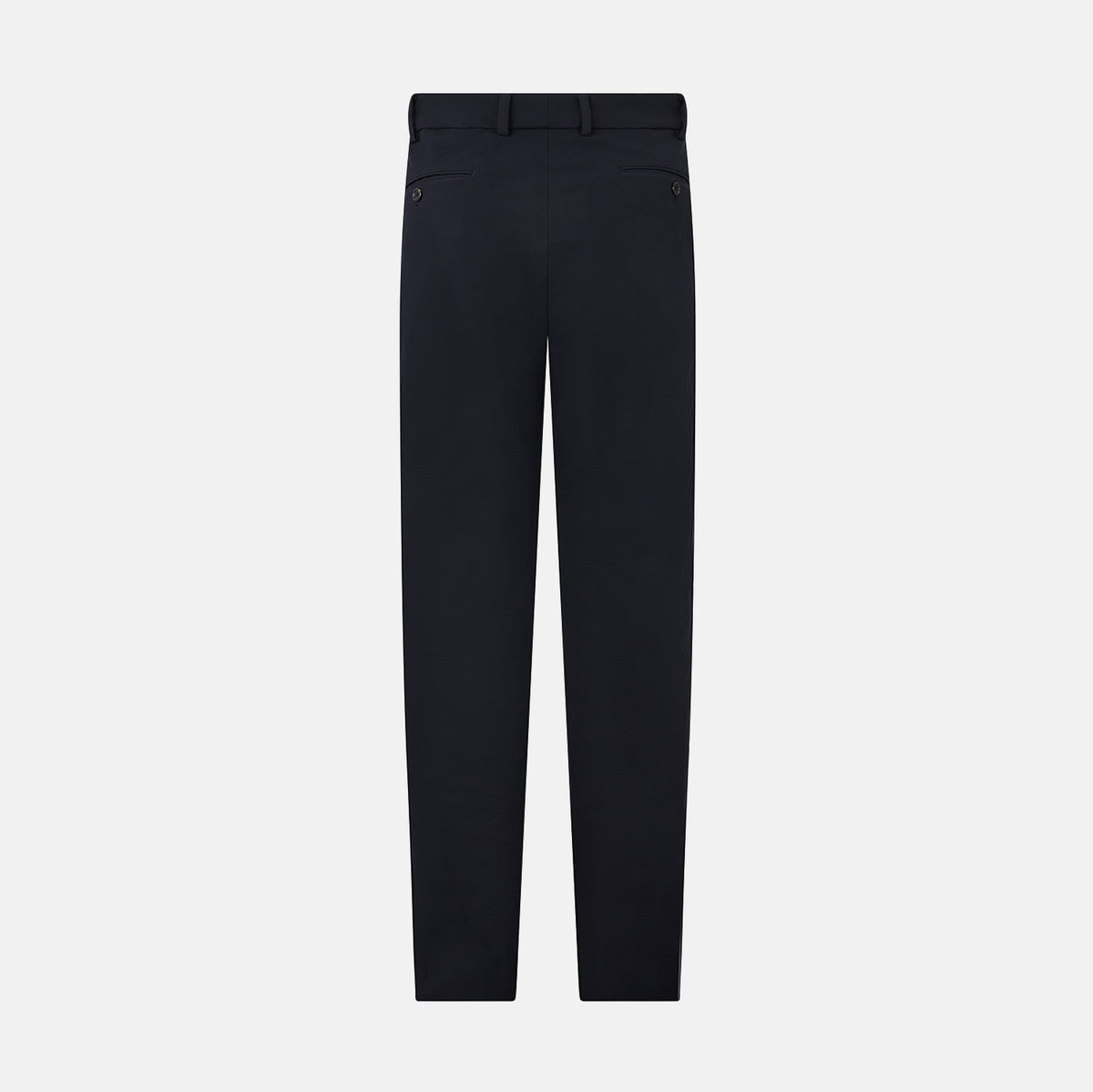 View 3 of product A pair of navy, straight-leg Amberley trousers in cotton by Turnbull & Asser UK, featuring belt loops, a button closure, and a zip fly in the classic Windsor style, displayed on a plain white background.