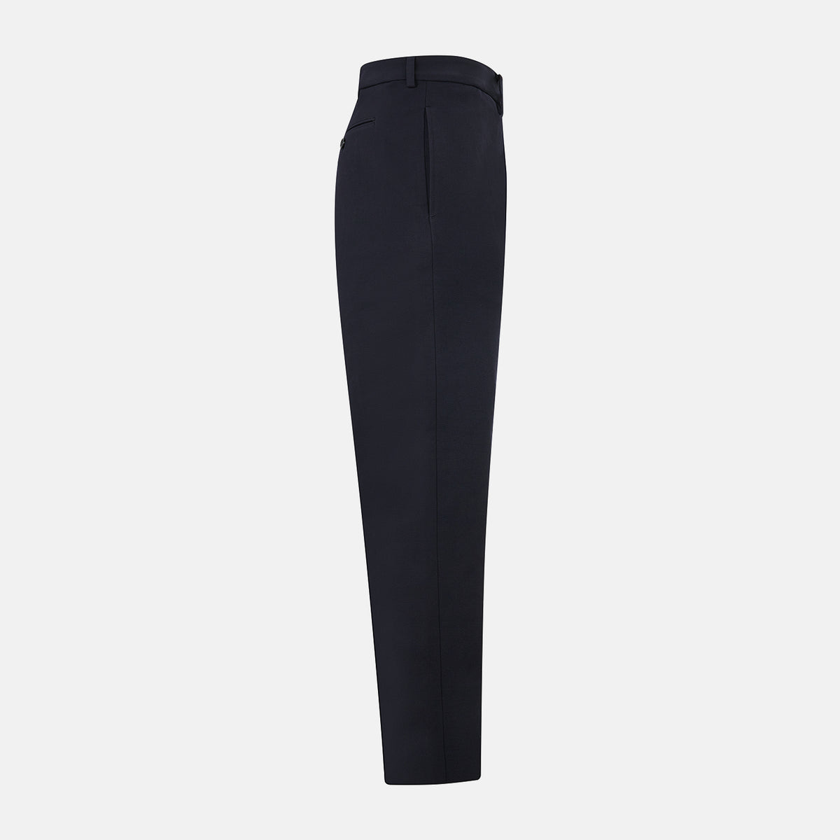 View 5 of product A pair of navy, straight-leg Amberley trousers in cotton by Turnbull & Asser UK, featuring belt loops, a button closure, and a zip fly in the classic Windsor style, displayed on a plain white background.