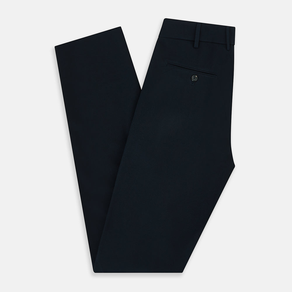 A pair of navy, straight-leg Amberley trousers in cotton by Turnbull & Asser UK, featuring belt loops, a button closure, and a zip fly in the classic Windsor style, displayed on a plain white background.