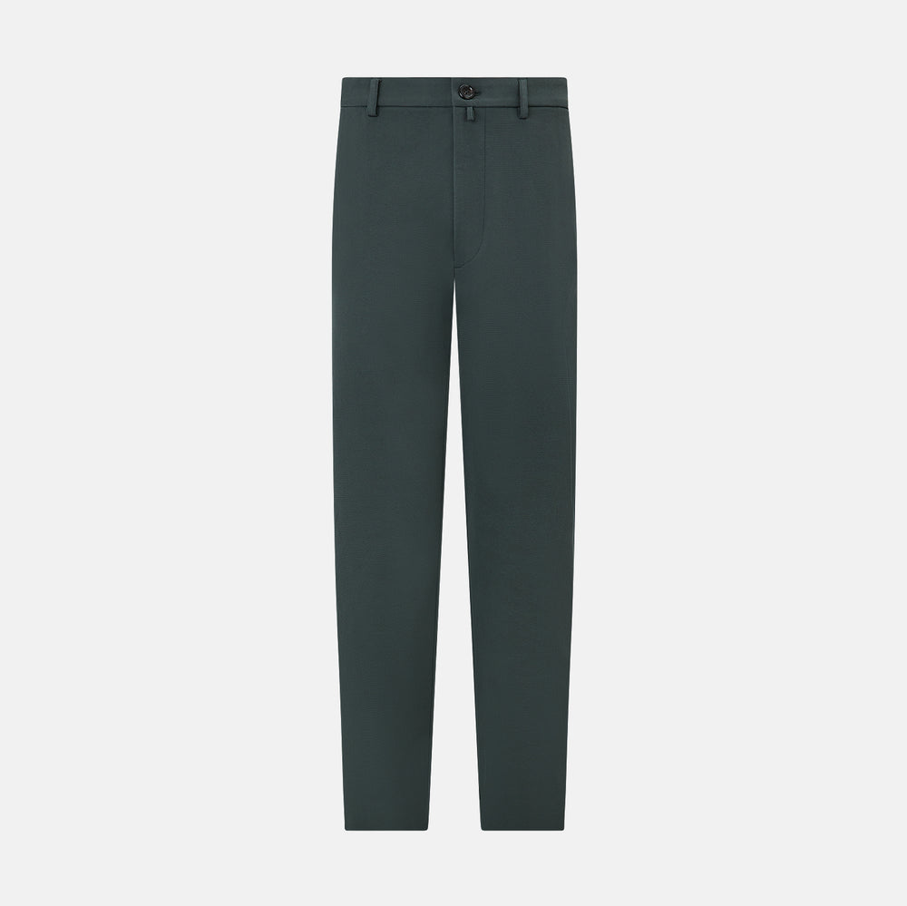 Amberley Forest Green Trousers in Cotton by Turnbull & Asser UK, featuring a straight-leg design with belt loops, button and zip closure, and side pockets, displayed on a plain white background.