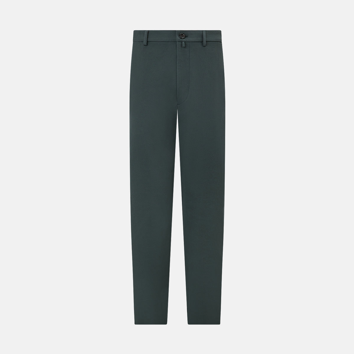 View 3 of product Amberley Forest Green Trousers in Cotton by Turnbull & Asser UK, featuring a straight-leg design with belt loops, button and zip closure, and side pockets, displayed on a plain white background.