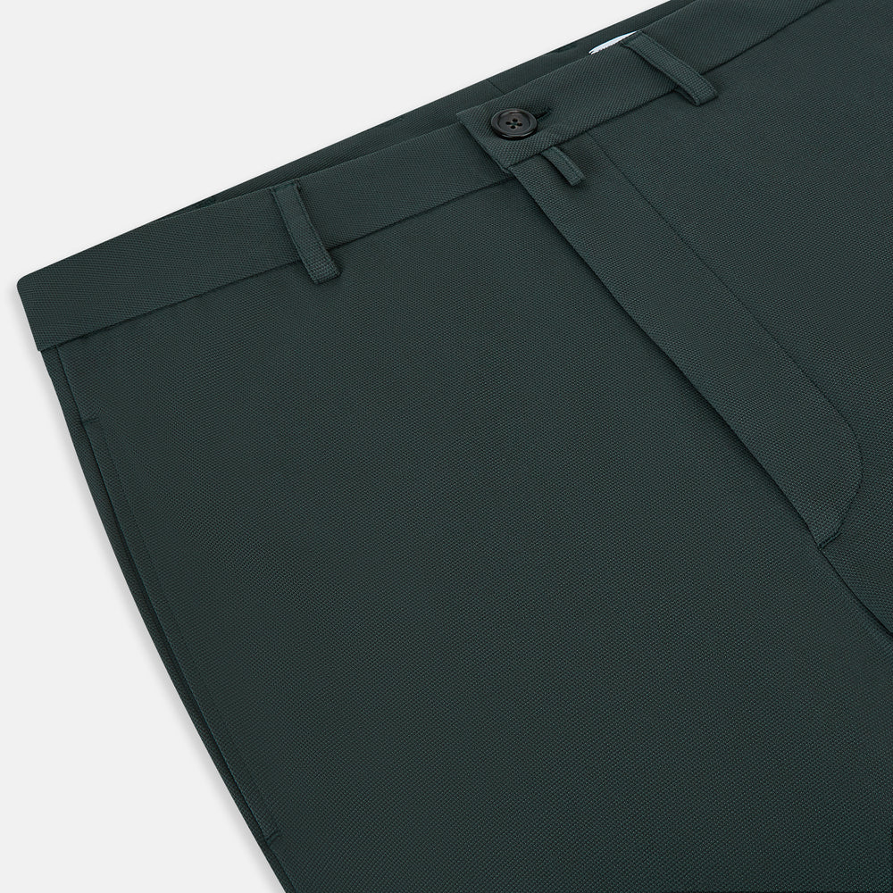 Amberley Forest Green Trousers in Cotton by Turnbull & Asser UK, featuring a straight-leg design with belt loops, button and zip closure, and side pockets, displayed on a plain white background.