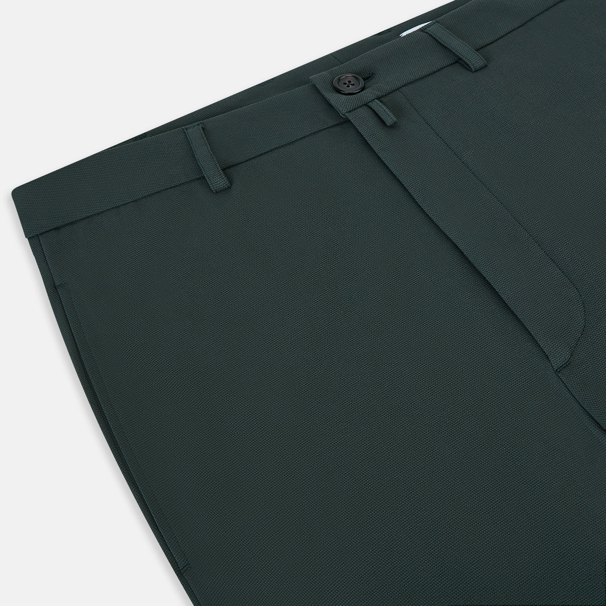 View 2 of product Amberley Forest Green Trousers in Cotton by Turnbull & Asser UK, featuring a straight-leg design with belt loops, button and zip closure, and side pockets, displayed on a plain white background.