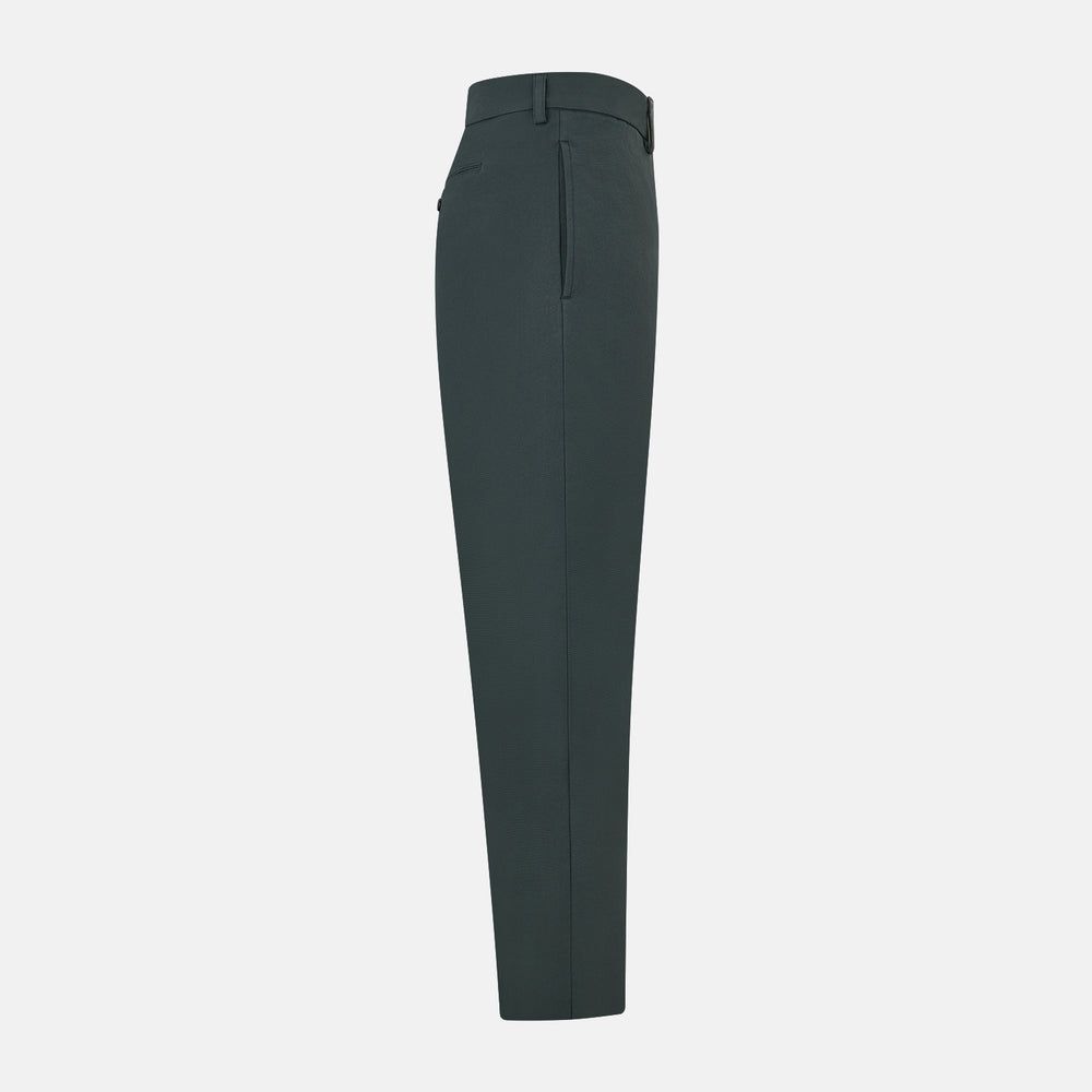 Amberley Forest Green Trousers in Cotton by Turnbull & Asser UK, featuring a straight-leg design with belt loops, button and zip closure, and side pockets, displayed on a plain white background.