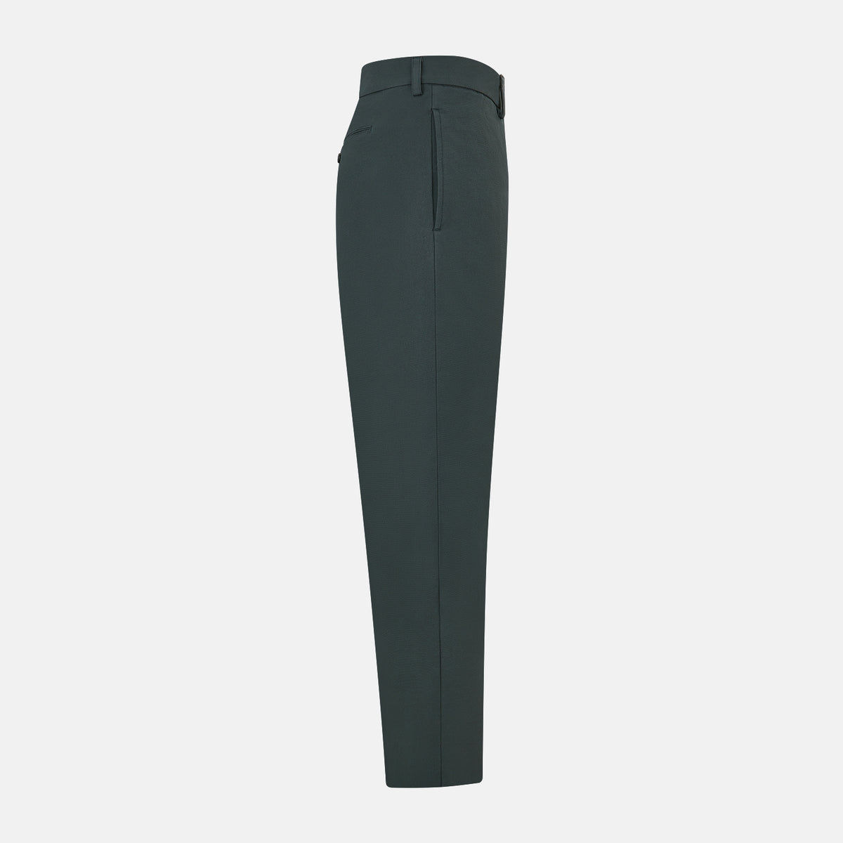 View 4 of product Amberley Forest Green Trousers in Cotton by Turnbull & Asser UK, featuring a straight-leg design with belt loops, button and zip closure, and side pockets, displayed on a plain white background.