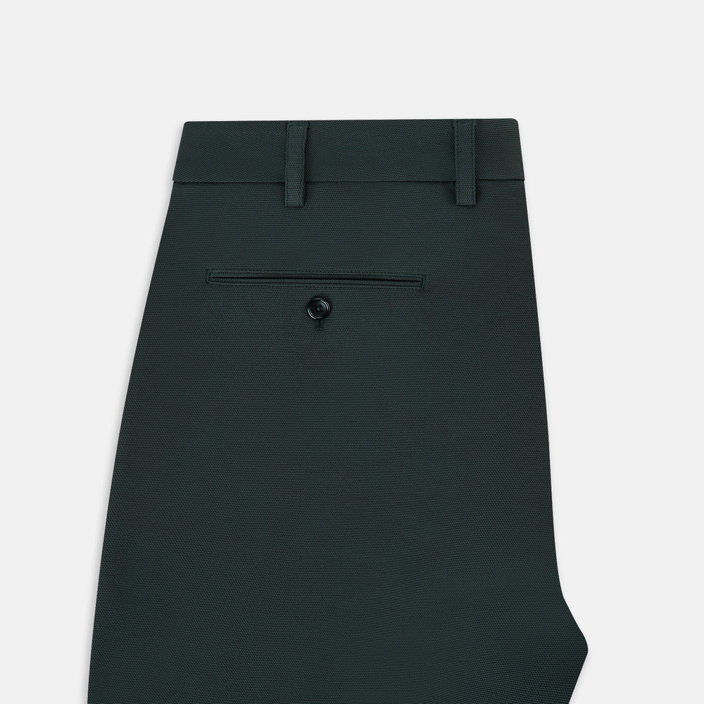 Amberley Forest Green Trousers in Cotton by Turnbull & Asser UK, featuring a straight-leg design with belt loops, button and zip closure, and side pockets, displayed on a plain white background.