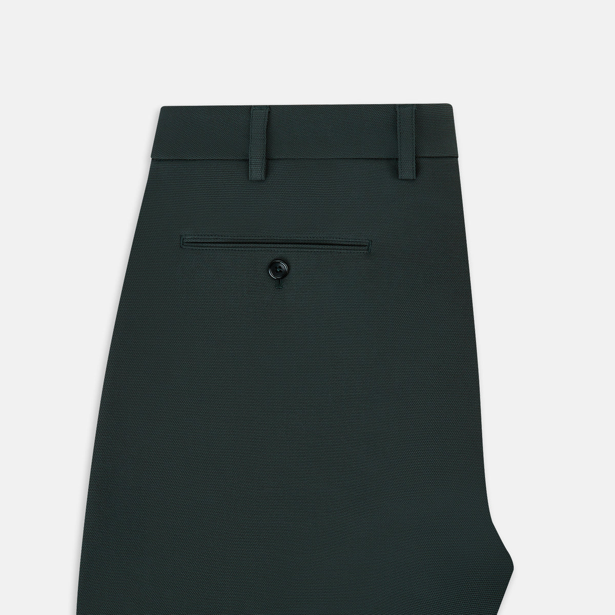 View 5 of product Amberley Forest Green Trousers in Cotton by Turnbull & Asser UK, featuring a straight-leg design with belt loops, button and zip closure, and side pockets, displayed on a plain white background.