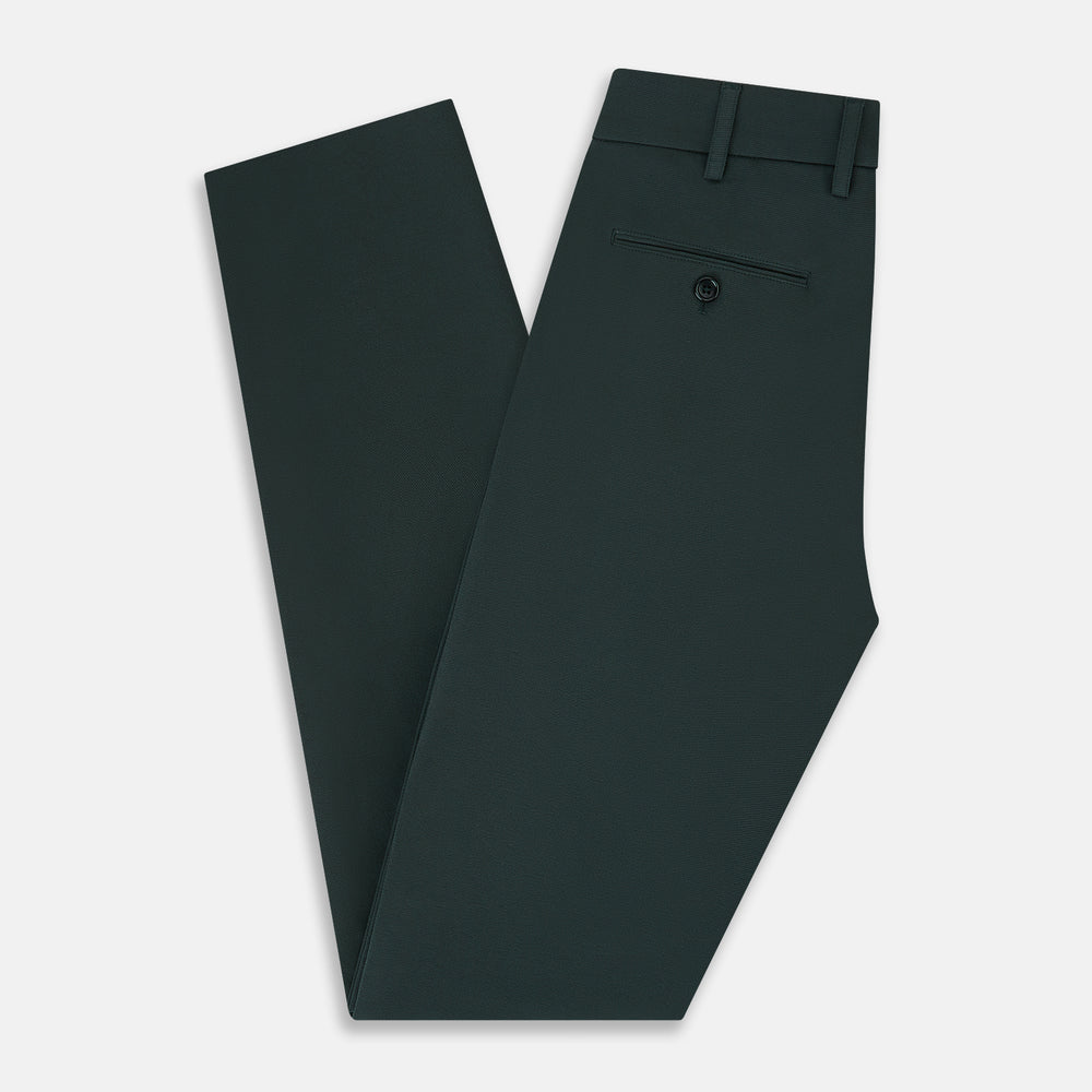 Amberley Forest Green Trousers in Cotton by Turnbull & Asser UK, featuring a straight-leg design with belt loops, button and zip closure, and side pockets, displayed on a plain white background.