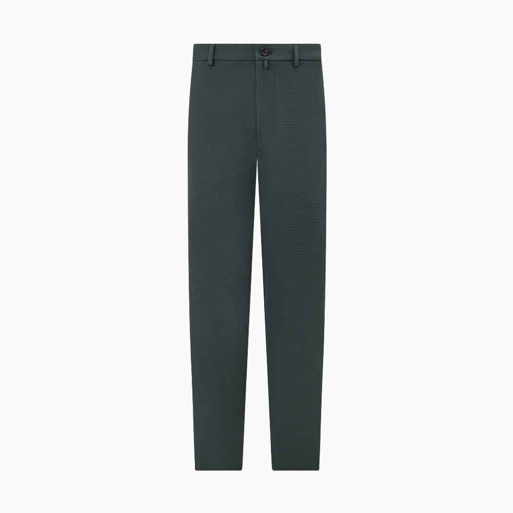 Amberley Forest Green Trousers in Cotton by Turnbull & Asser UK, featuring a straight-leg design with belt loops, button and zip closure, and side pockets, displayed on a plain white background.