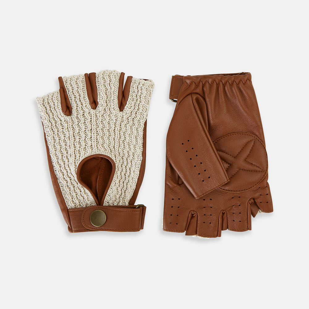 A pair of Cognac Tan Fingerless Driving Gloves in Leather by Turnbull & Asser UK, featuring cream crochet backs, snap closures, and a fingerless design, displayed from the front and back on a white background.
