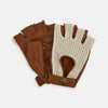 View 2 of product A pair of Cognac Tan Fingerless Driving Gloves in Leather by Turnbull & Asser UK, featuring cream crochet backs, snap closures, and a fingerless design, displayed from the front and back on a white background.