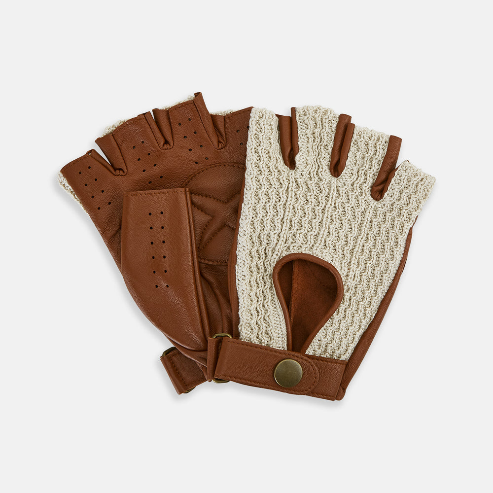 A pair of Cognac Tan Fingerless Driving Gloves in Leather by Turnbull & Asser UK, featuring cream crochet backs, snap closures, and a fingerless design, displayed from the front and back on a white background.