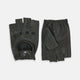 A pair of Forest Green Fingerless Driving Gloves in leather by Turnbull & Asser UK, one displayed palm-up to show the snap closure and the other back-up to highlight the perforated details reminiscent of classic knuckle hole gloves.