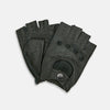 View 2 of product A pair of Forest Green Fingerless Driving Gloves in leather by Turnbull & Asser UK, one displayed palm-up to show the snap closure and the other back-up to highlight the perforated details reminiscent of classic knuckle hole gloves.