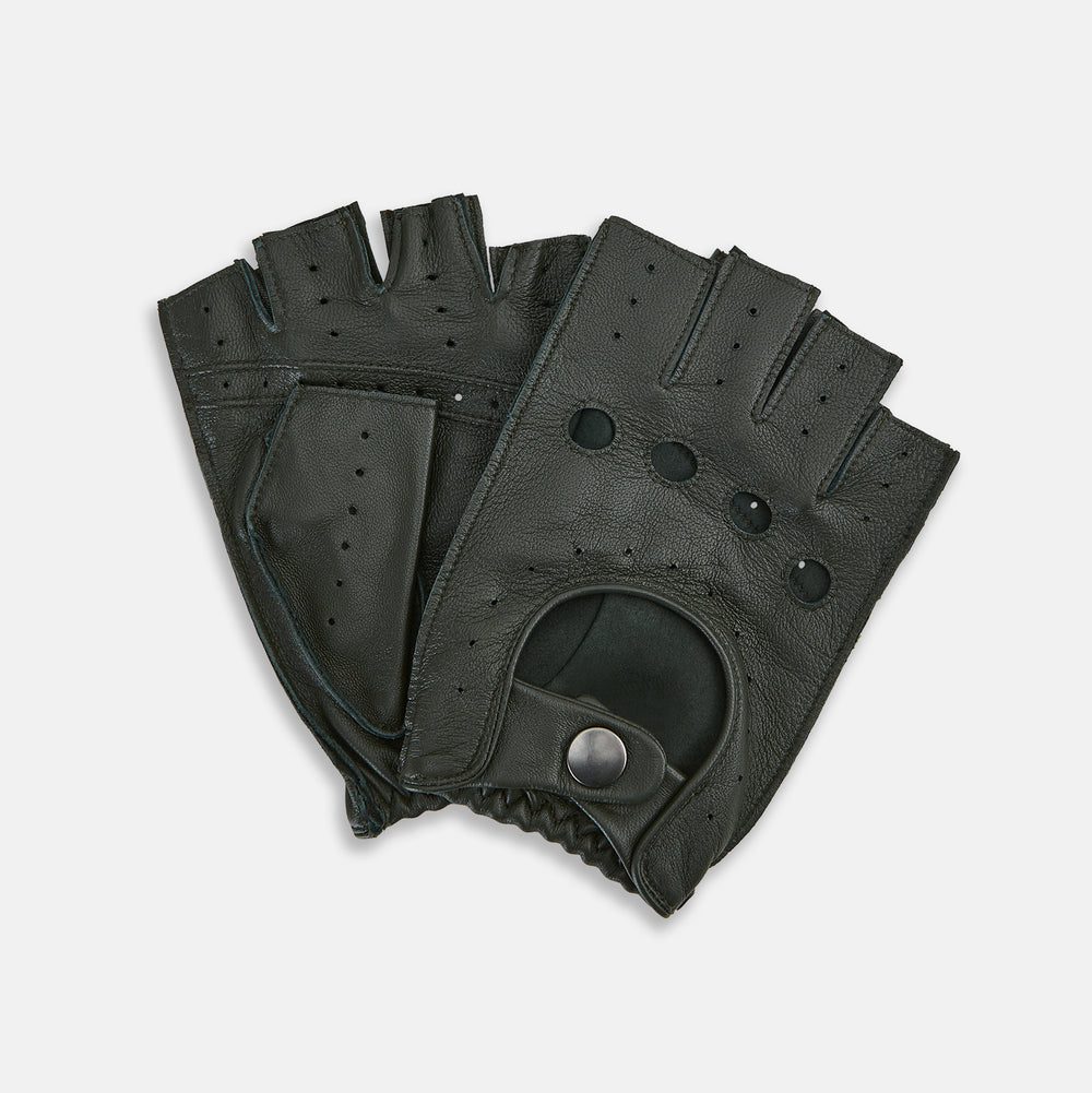 A pair of Forest Green Fingerless Driving Gloves in leather by Turnbull & Asser UK, one displayed palm-up to show the snap closure and the other back-up to highlight the perforated details reminiscent of classic knuckle hole gloves.