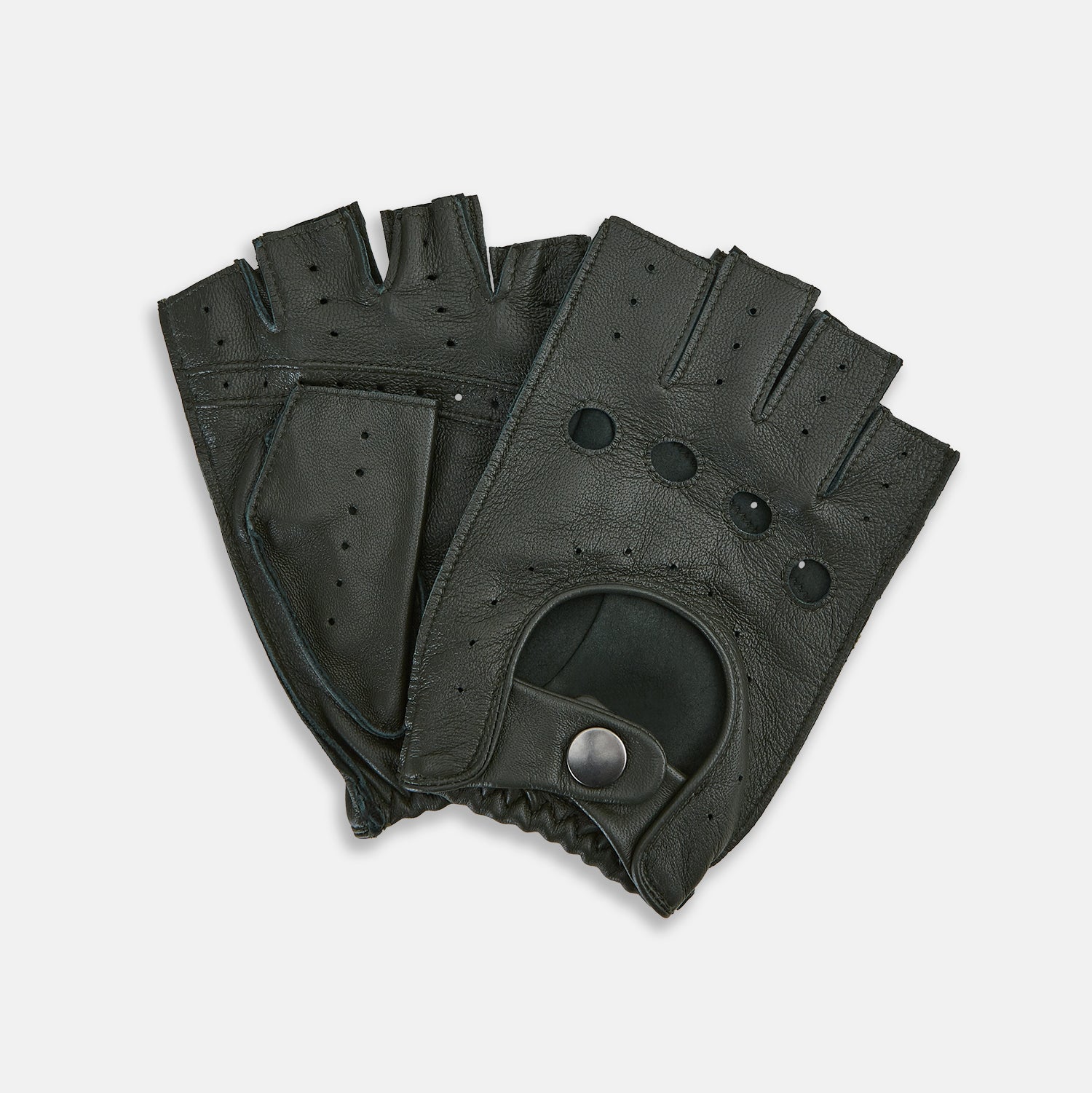 View 2 of product A pair of Forest Green Fingerless Driving Gloves in leather by Turnbull & Asser UK, one displayed palm-up to show the snap closure and the other back-up to highlight the perforated details reminiscent of classic knuckle hole gloves.