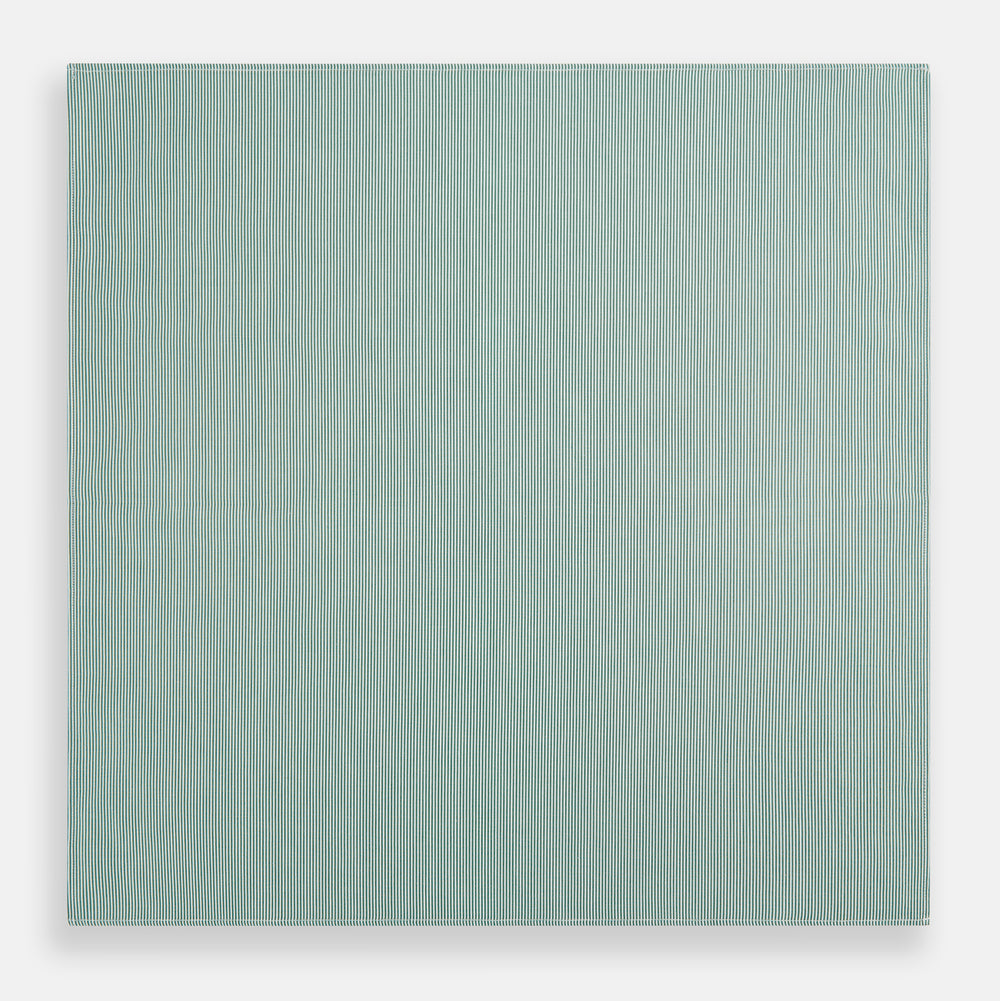 A neatly folded, square-shaped Green Pencil Stripe Handkerchief by Turnbull & Asser, featuring thin green and white vertical stripes, displayed on a plain white background.