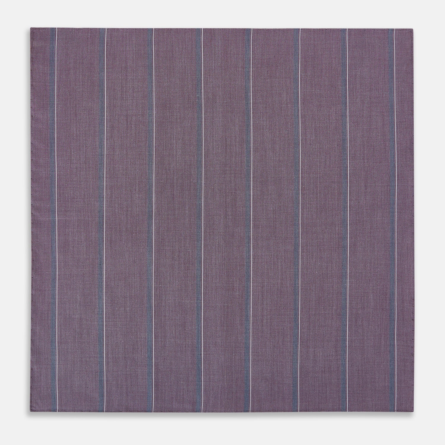 View 3 of product The Porto Red Track Stripe Hand-Rolled Handkerchief by Turnbull & Asser UK is a square piece of fabric in a rich red hue, featuring thin, evenly spaced vertical stripes and a subtle woven texture, expertly crafted in England with hand-rolled edges for a refined finish.