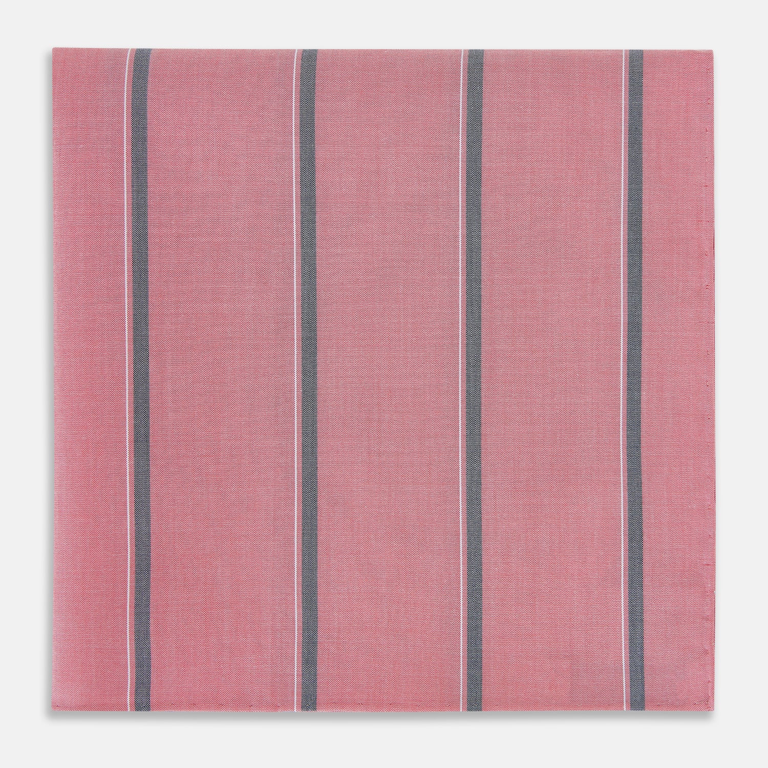 View 1 of product The Turnbull & Asser UK Coral Pink Track Stripe Hand-Rolled Handkerchief is a square accessory featuring evenly spaced dark gray and white vertical stripes on a coral pink background. Expertly crafted in England, it boasts elegant hand-rolled edges and is displayed against a plain white background.