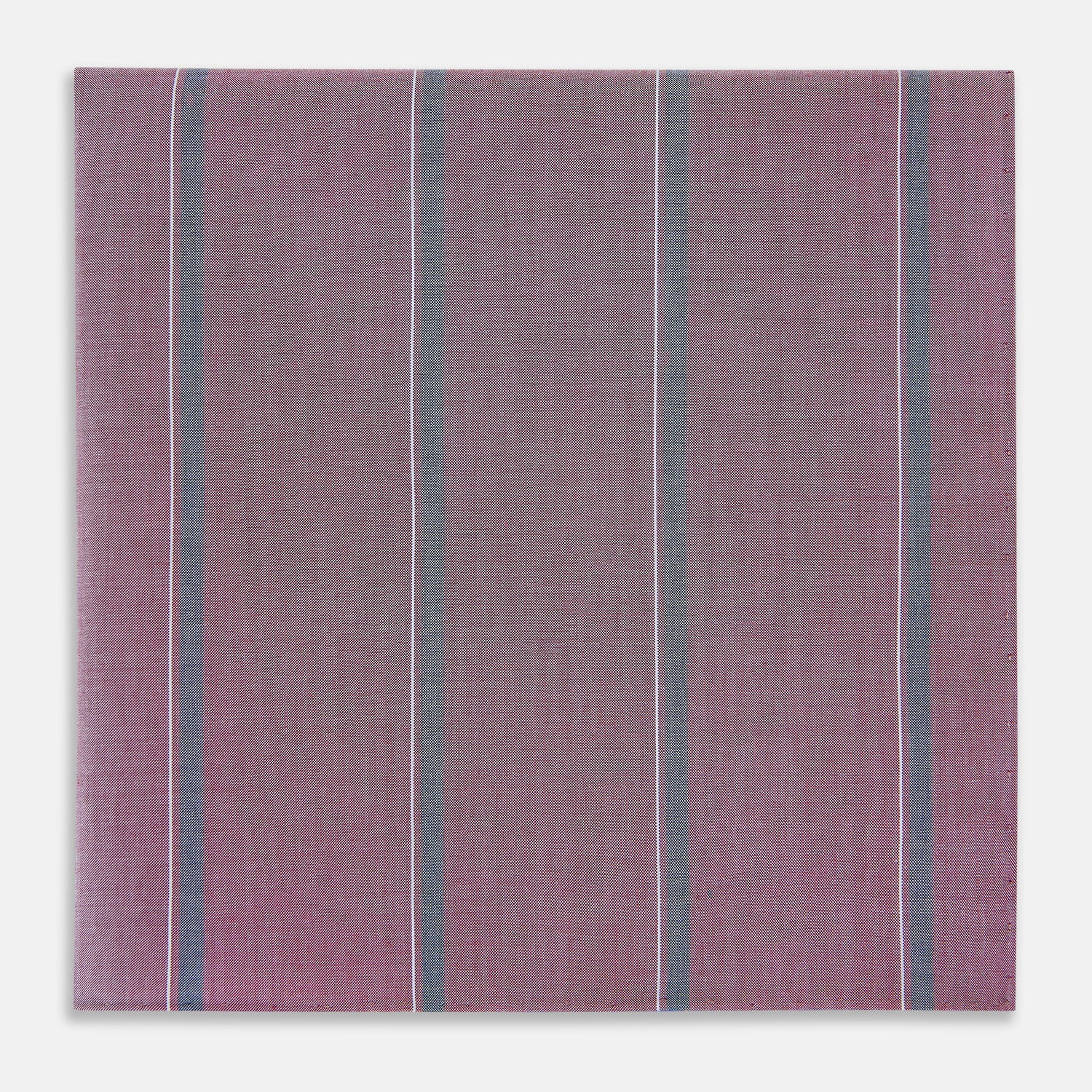 View 1 of product Crafted by Turnbull & Asser UK, the Cerise Red Track Stripe Hand-Rolled Handkerchief features a square design with a vibrant cerise red base accented by evenly spaced vertical blue and white stripes. Meticulously hand-rolled edges complete this elegant accessory, showcased against a plain light gray background.