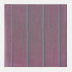 Crafted by Turnbull & Asser UK, the Cerise Red Track Stripe Hand-Rolled Handkerchief features a square design with a vibrant cerise red base accented by evenly spaced vertical blue and white stripes. Meticulously hand-rolled edges complete this elegant accessory, showcased against a plain light gray background.