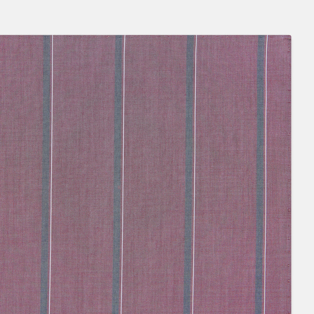 Crafted by Turnbull & Asser UK, the Cerise Red Track Stripe Hand-Rolled Handkerchief features a square design with a vibrant cerise red base accented by evenly spaced vertical blue and white stripes. Meticulously hand-rolled edges complete this elegant accessory, showcased against a plain light gray background.