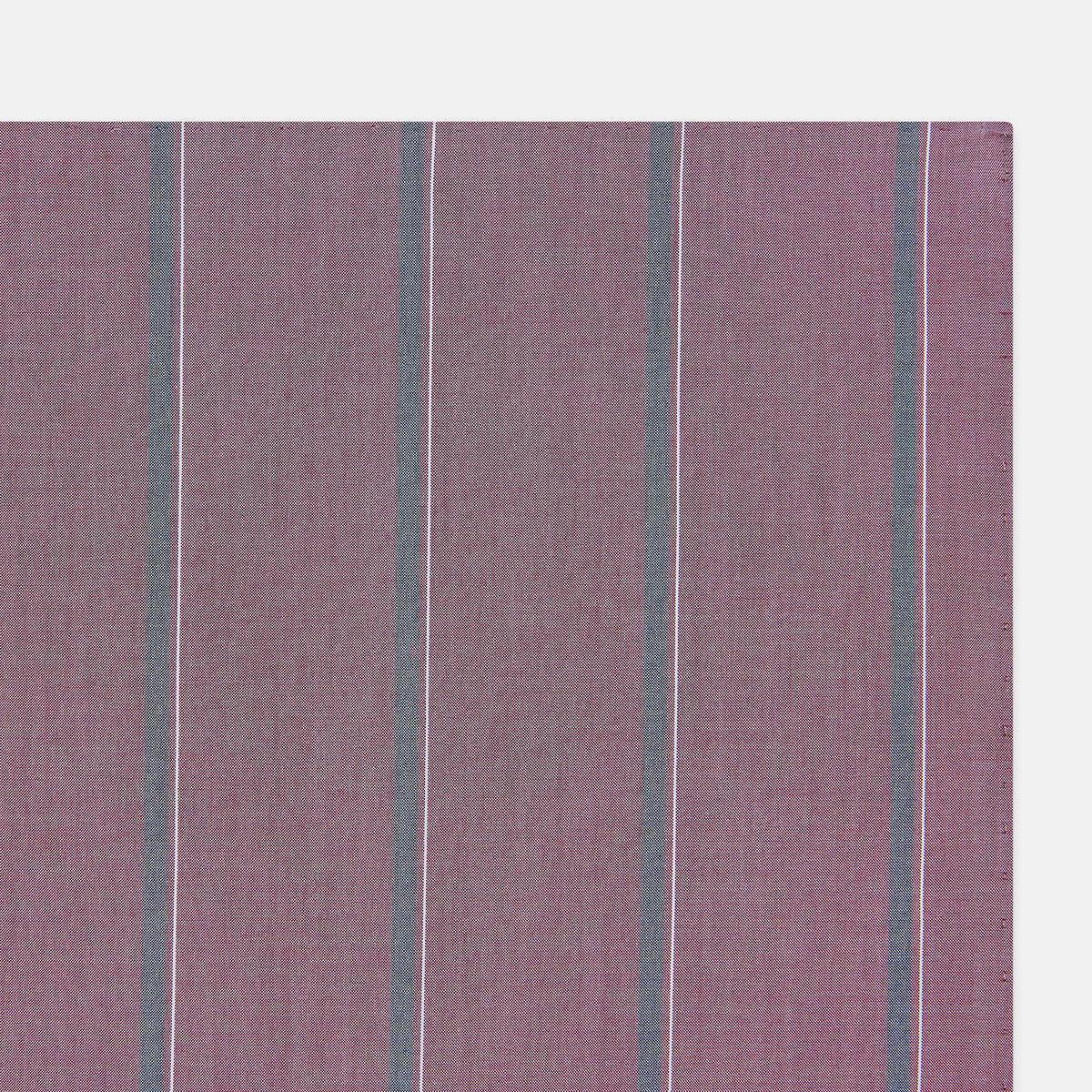 View 2 of product Crafted by Turnbull & Asser UK, the Cerise Red Track Stripe Hand-Rolled Handkerchief features a square design with a vibrant cerise red base accented by evenly spaced vertical blue and white stripes. Meticulously hand-rolled edges complete this elegant accessory, showcased against a plain light gray background.