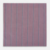 View 3 of product Crafted by Turnbull & Asser UK, the Cerise Red Track Stripe Hand-Rolled Handkerchief features a square design with a vibrant cerise red base accented by evenly spaced vertical blue and white stripes. Meticulously hand-rolled edges complete this elegant accessory, showcased against a plain light gray background.