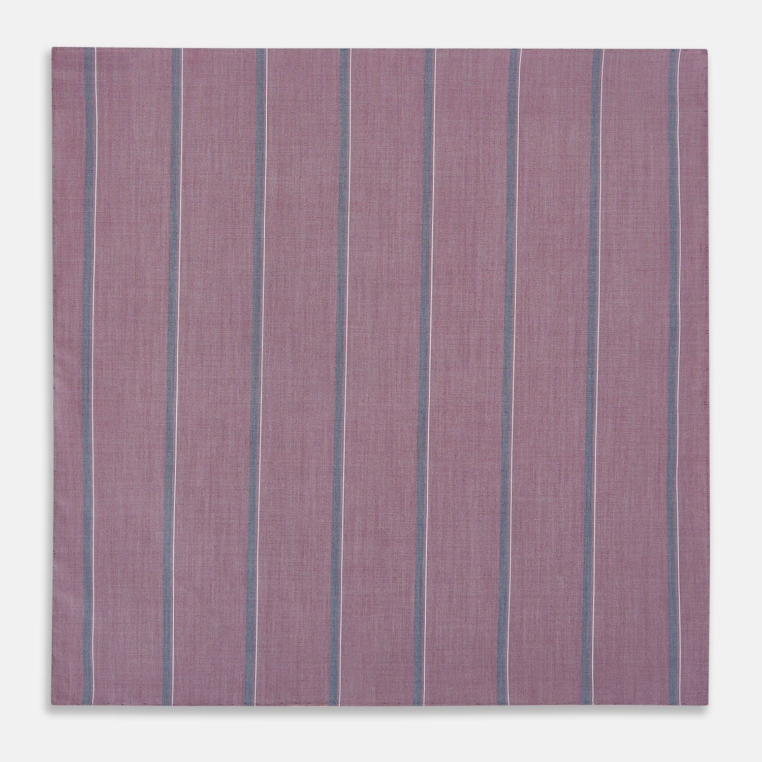 View 3 of product Crafted by Turnbull & Asser UK, the Cerise Red Track Stripe Hand-Rolled Handkerchief features a square design with a vibrant cerise red base accented by evenly spaced vertical blue and white stripes. Meticulously hand-rolled edges complete this elegant accessory, showcased against a plain light gray background.