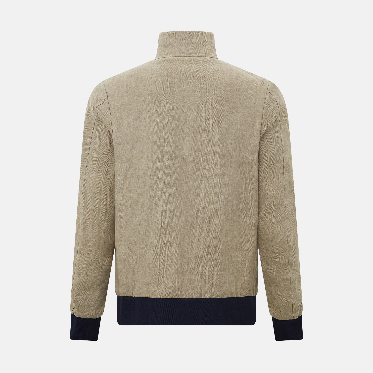 View 3 of product A Fairway Sand Golf Jacket in Linen by Turnbull & Asser UK, crafted from lightweight herringbone linen, features a front zipper, a chest zip pocket, two side zip pockets, and dark navy cuffs, collar lining, and waistband. Shown on a plain white background.