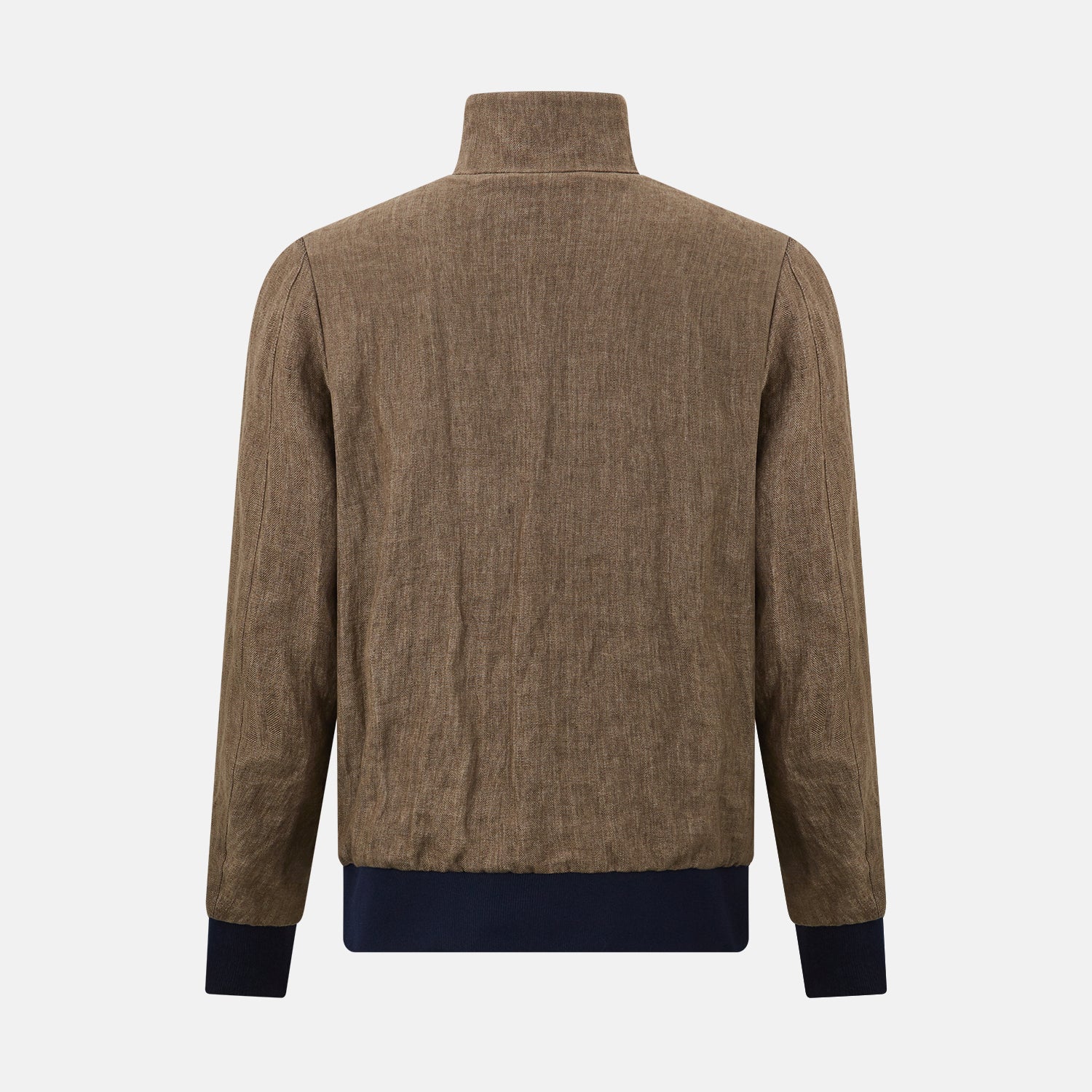 View 3 of product The Fairway Pinecone Golf Jacket in Linen by Turnbull & Asser UK is a brown zip-up jacket featuring a high collar, two side pockets, a zippered chest pocket, and dark cuffs and hem. Crafted from lightweight herringbone linen, it is displayed on a white background.