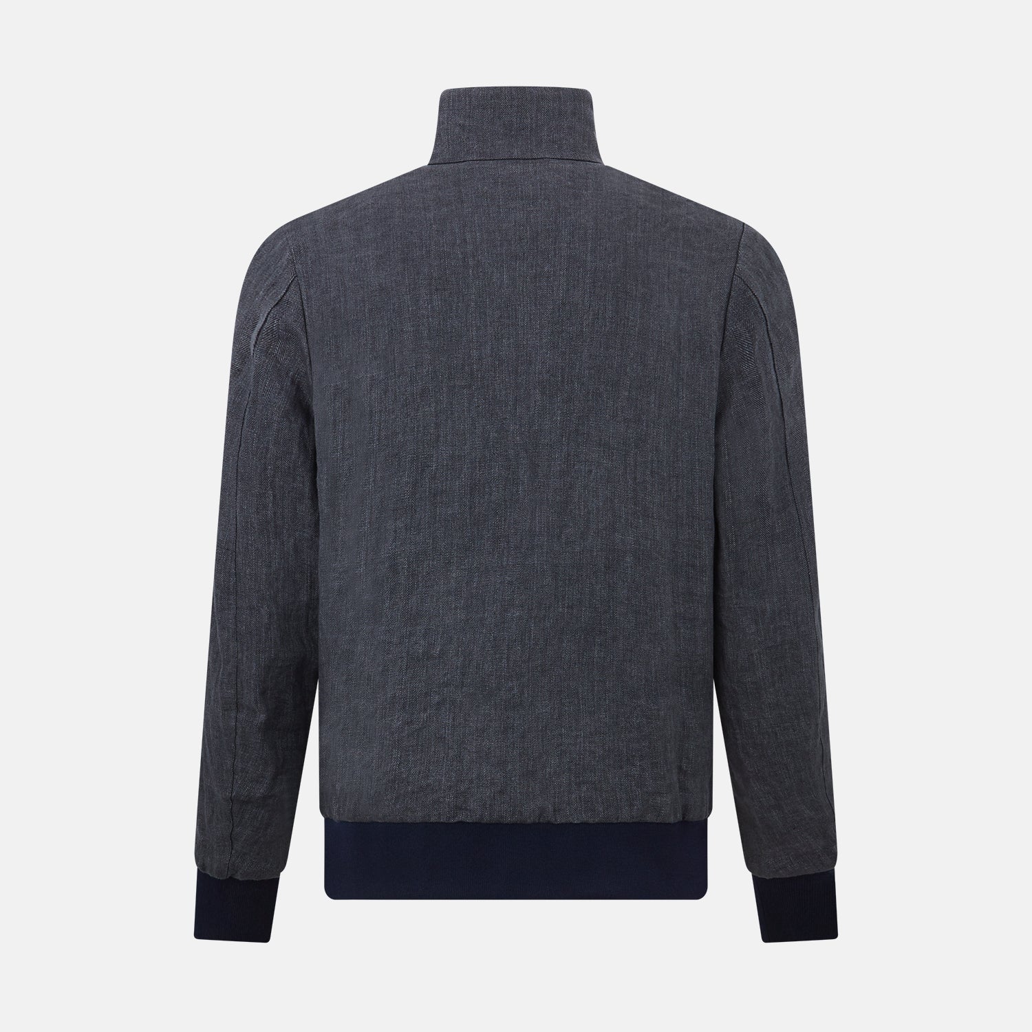 View 3 of product A front view of the Fairway Ash Golf Jacket in Linen by Turnbull & Asser UK is shown, featuring a high collar, two side zip pockets, a chest zip pocket, and black ribbed cuffs and hem. Crafted from lightweight gray herringbone linen for effortless warm-weather dressing, the jacket is displayed on a plain white background.