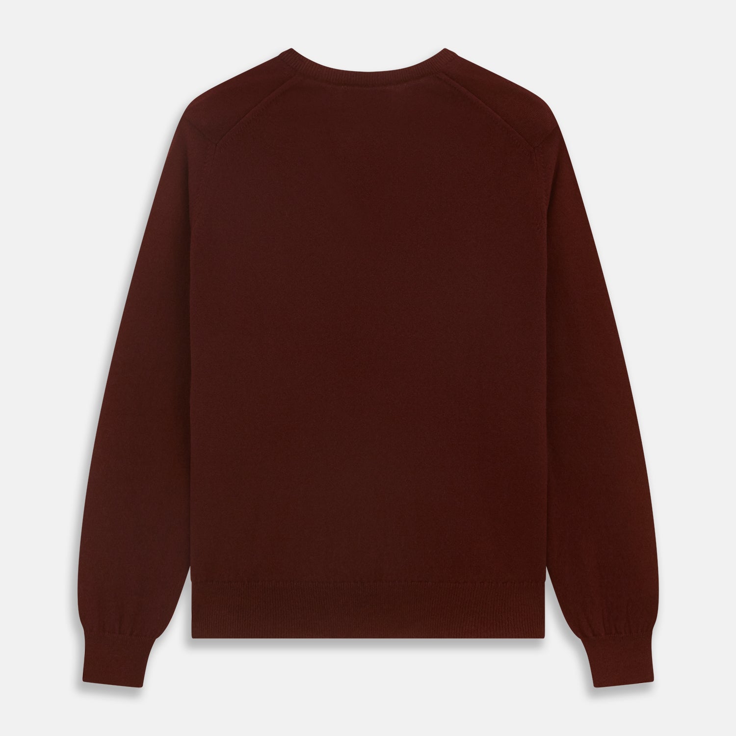 View 4 of product The Turnbull & Asser Port Cashmere V-Neck Jumper is a plain, long-sleeved burgundy sweater with a V-neck, shown flat on a white background.