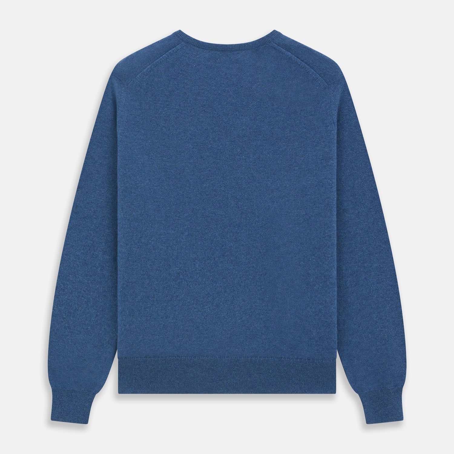 View 4 of product The Turnbull & Asser Blue V-Neck Cashmere Jumper, crafted from soft Scottish cashmere with ribbed cuffs, hem, and neckline, is shown laid flat on a white background for a refined smart-casual appeal.