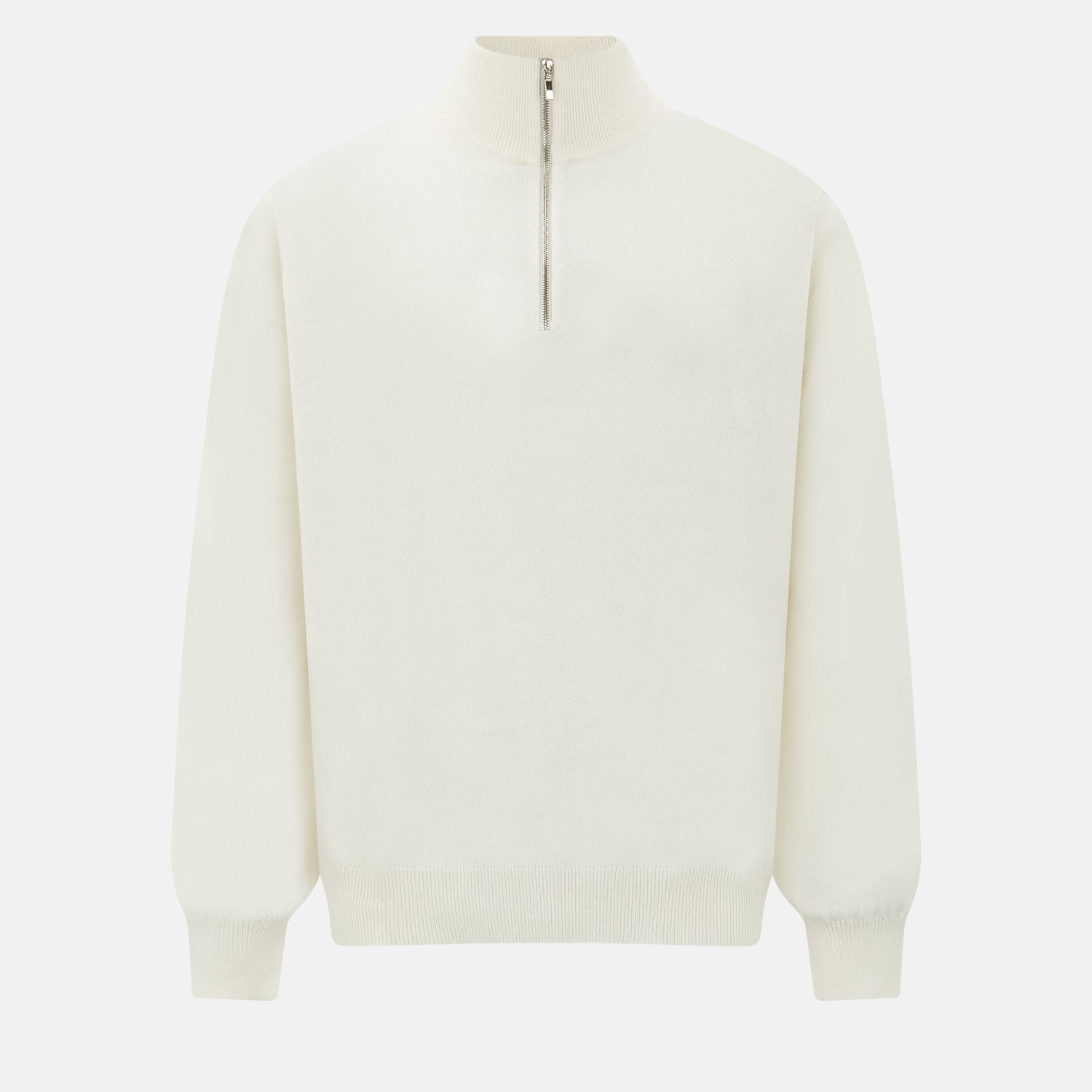 View 1 of product The Turnbull & Asser UK Cream Cashmere Half-Zip Jumper features long sleeves, a high collar, and a front half-zip closure, shown here in ivory on a white background.